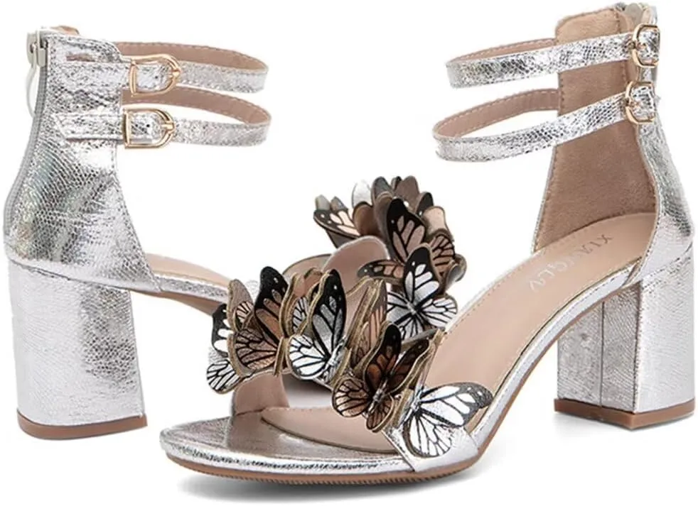 JOEupin Women's Butterfly Block Heel Sandals- Gold&Silver Strappy Dressy High Heels for Summer, Comfortable Wedding Party Shoes