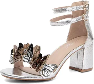JOEupin Women's Butterfly Block Heel Sandals- Gold&Silver Strappy Dressy High Heels for Summer, Comfortable Wedding Party Shoes