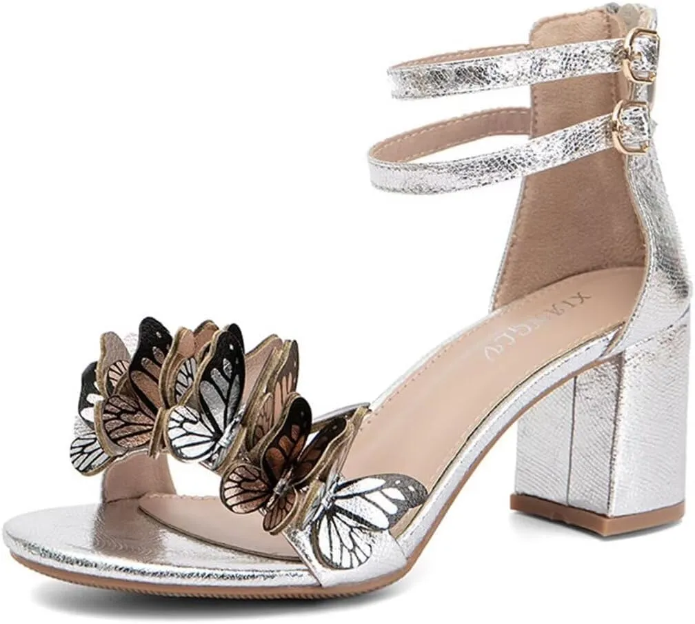JOEupin Women's Butterfly Block Heel Sandals- Gold&Silver Strappy Dressy High Heels for Summer, Comfortable Wedding Party Shoes