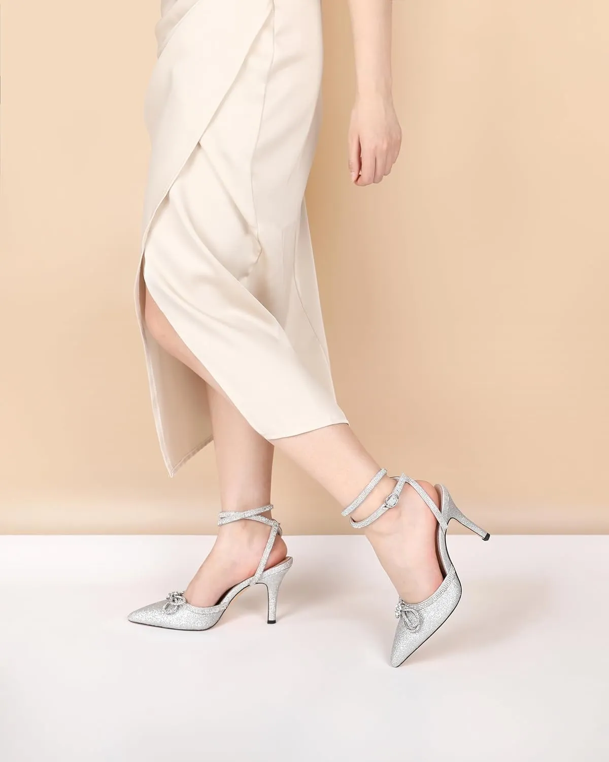 Joseywade Rhinestone Bow Heels High Stiletto Heels Pumps Closed Pointed Toe Women Lace-up Strappy Ankle Strap Shoes for Bridal Brides