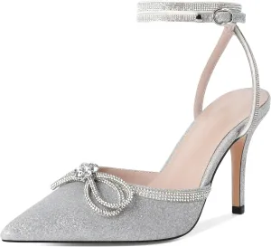 Joseywade Rhinestone Bow Heels High Stiletto Heels Pumps Closed Pointed Toe Women Lace-up Strappy Ankle Strap Shoes for Bridal Brides