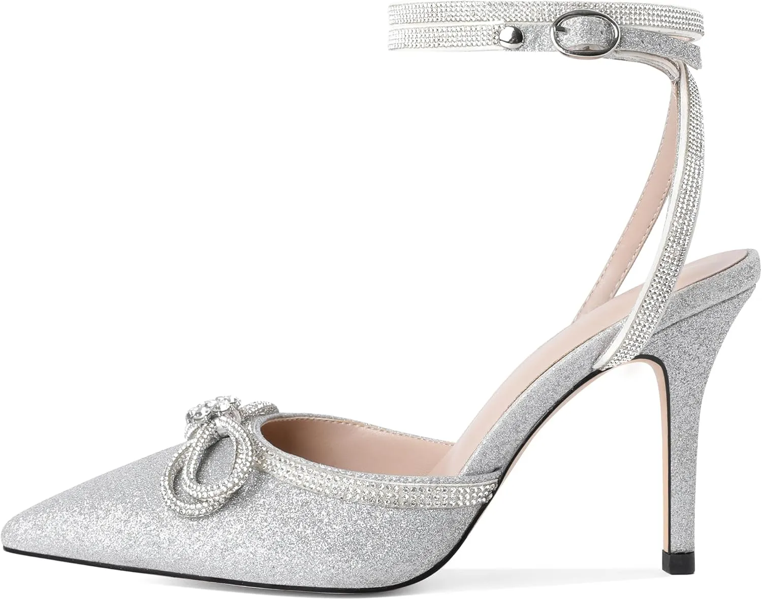 Joseywade Rhinestone Bow Heels High Stiletto Heels Pumps Closed Pointed Toe Women Lace-up Strappy Ankle Strap Shoes for Bridal Brides