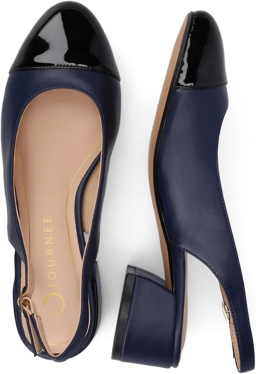Journee Collection Womens Sammie Sling Back Dress Pumps Round Cap Toe Cushioned Block Heel Two Tone Spring Summer Shoes
