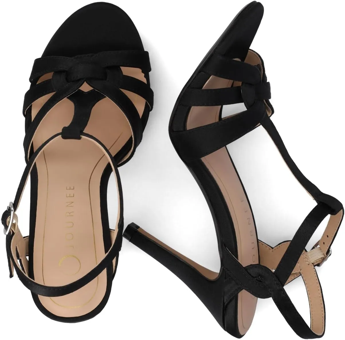 Journee Womens cushioned footbeds Valry Stiletto Heel faux leather open toe ankle strap buckle multi strap