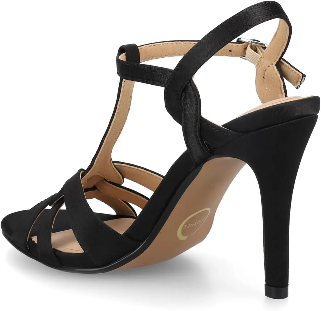 Journee Womens cushioned footbeds Valry Stiletto Heel faux leather open toe ankle strap buckle multi strap