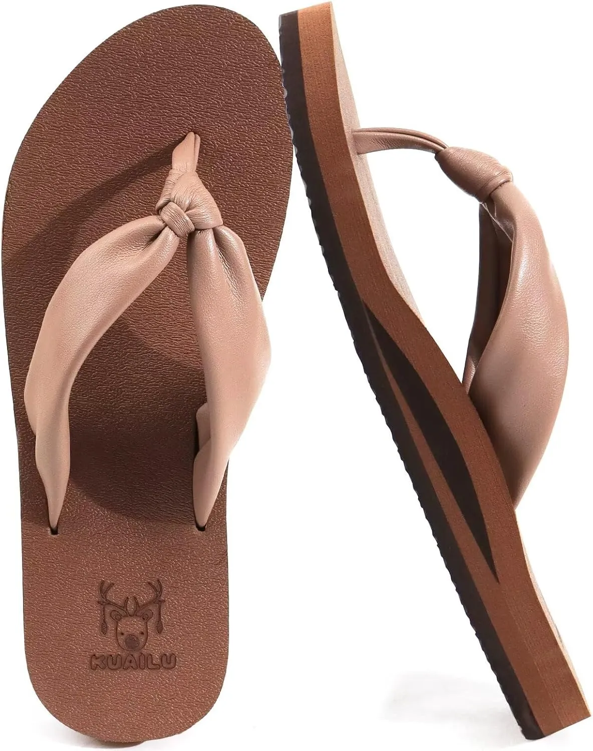 KuaiLu Womens Flip Flops With Arch Support Comfortable Yoga Mat Cushion Thong Leather Sandals for Ladies Fashion Slip On Summer Beach Walking Slides Indoor Outdoor Travel Orthotic Slippers