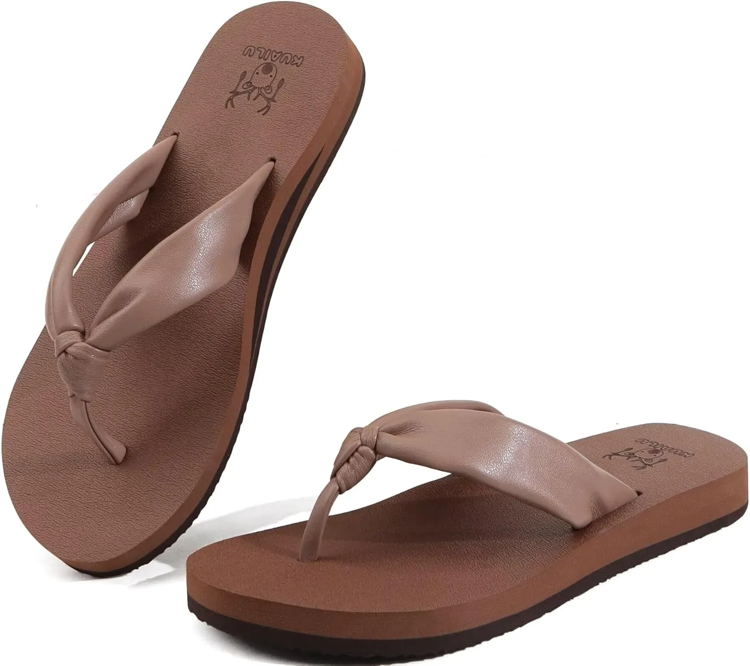 KuaiLu Womens Flip Flops With Arch Support Comfortable Yoga Mat Cushion Thong Leather Sandals for Ladies Fashion Slip On Summer Beach Walking Slides Indoor Outdoor Travel Orthotic Slippers