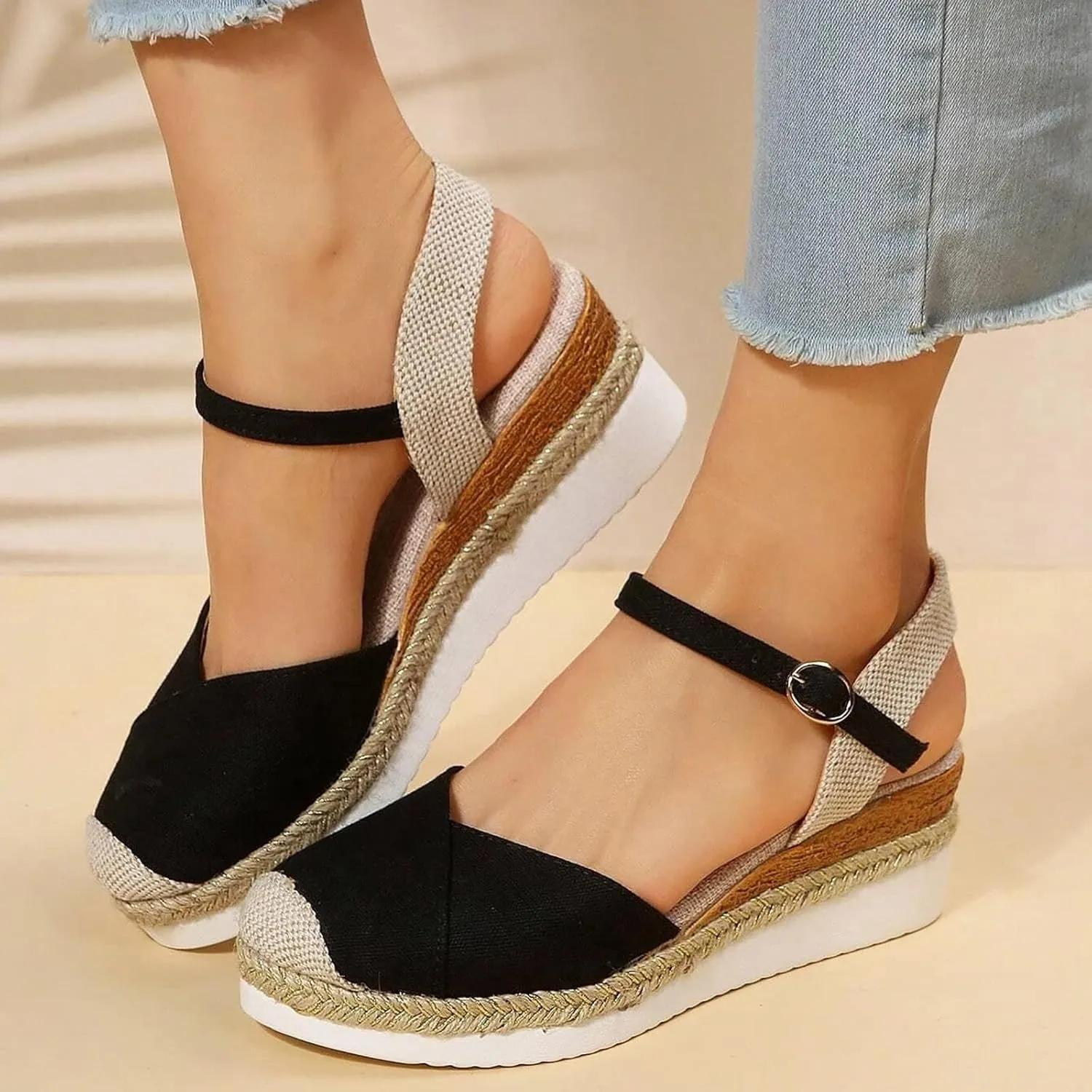 Kubbon Wedge Sandals for Women Comfortable Close Toe Ankle Strap Espadrilles Platform Heel Non Slip Orthopedic Sandals Casual Outdoor Beach Shoes
