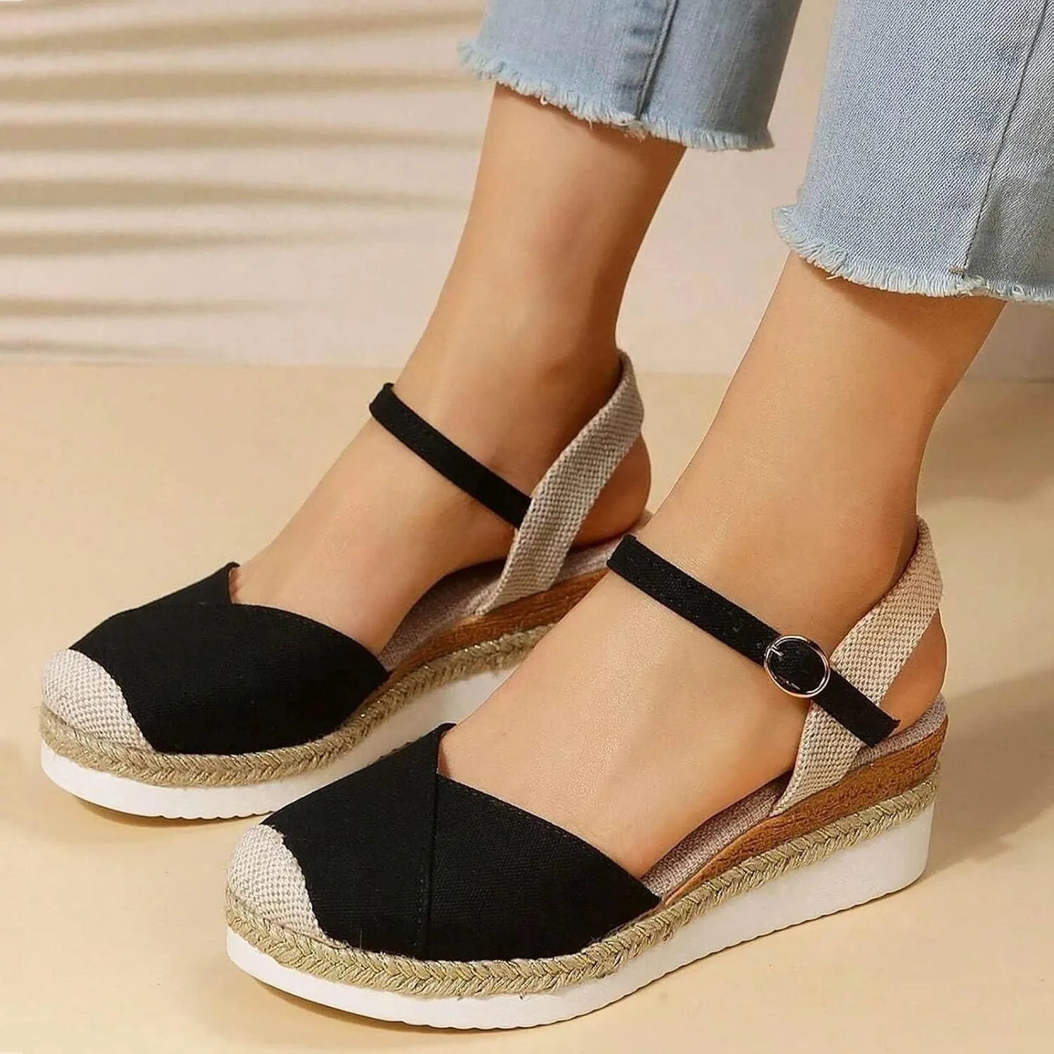 Kubbon Wedge Sandals for Women Comfortable Close Toe Ankle Strap Espadrilles Platform Heel Non Slip Orthopedic Sandals Casual Outdoor Beach Shoes