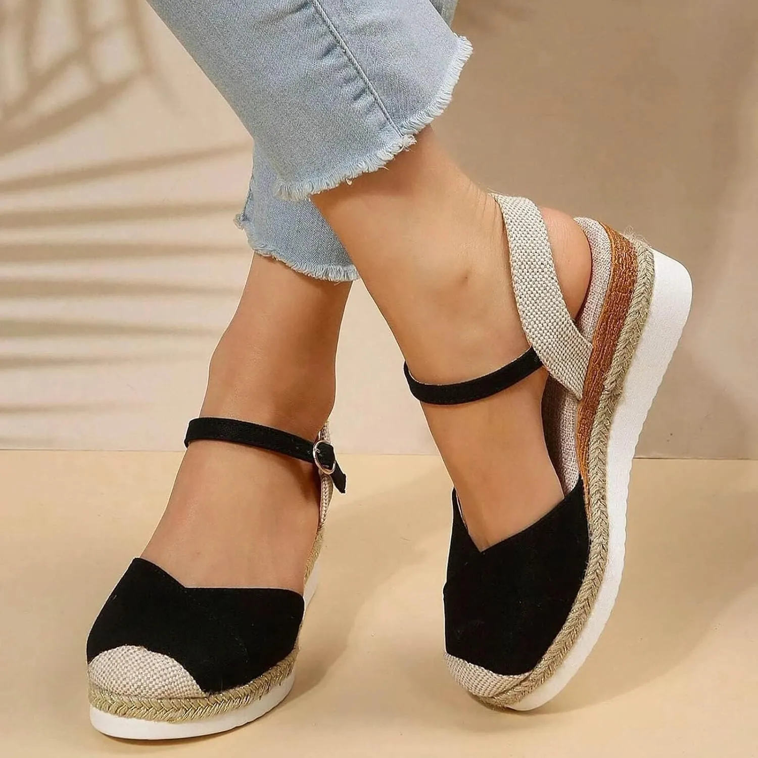 Kubbon Wedge Sandals for Women Comfortable Close Toe Ankle Strap Espadrilles Platform Heel Non Slip Orthopedic Sandals Casual Outdoor Beach Shoes