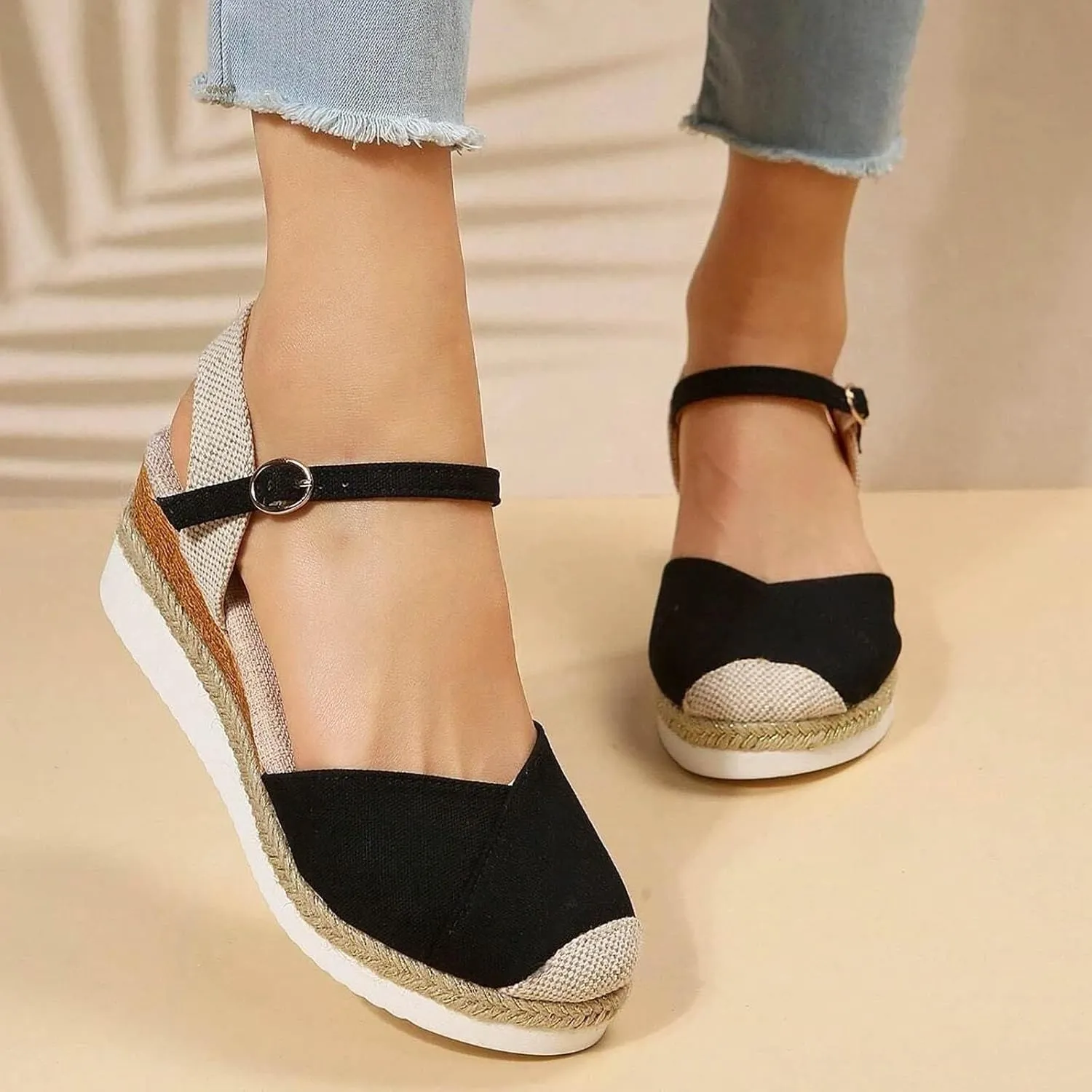 Kubbon Wedge Sandals for Women Comfortable Close Toe Ankle Strap Espadrilles Platform Heel Non Slip Orthopedic Sandals Casual Outdoor Beach Shoes