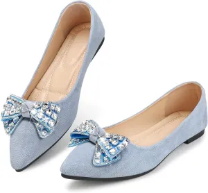 KUNWFNIX Women's Ballet Flats Crystal Wedding Ballerina Shoes Pointed Toe Pearl Diamond Low Heel Comfortable Dressy Work Business Dance Flats
