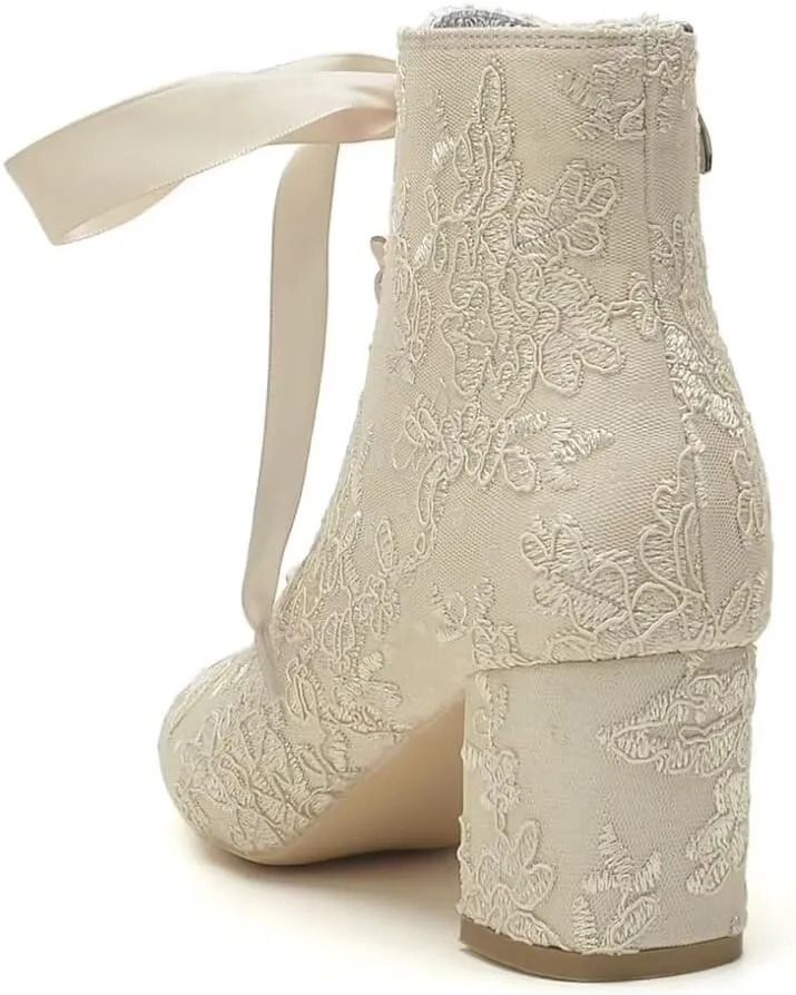 Lace Wedding Boots for Bride Block Heel Wedding Shoes Ankle Boots