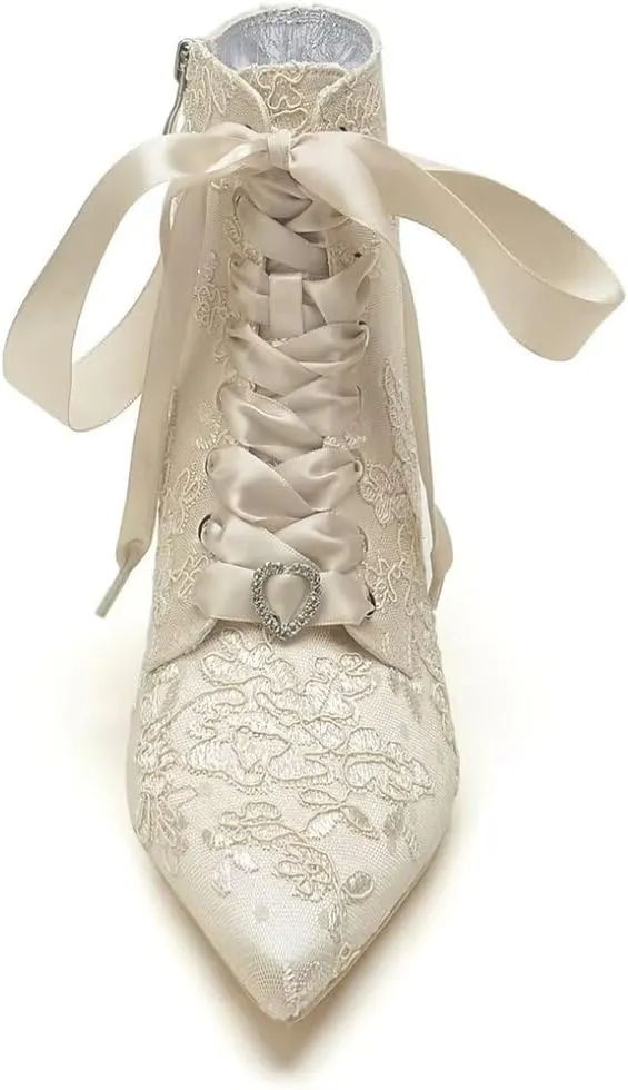 Lace Wedding Boots for Bride Block Heel Wedding Shoes Ankle Boots