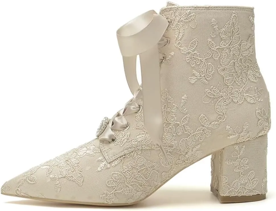 Lace Wedding Boots for Bride Block Heel Wedding Shoes Ankle Boots