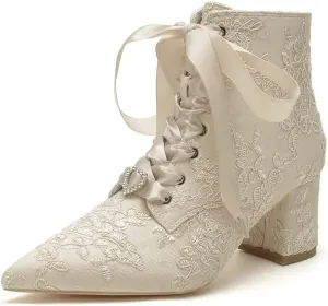 Lace Wedding Boots for Bride Block Heel Wedding Shoes Ankle Boots