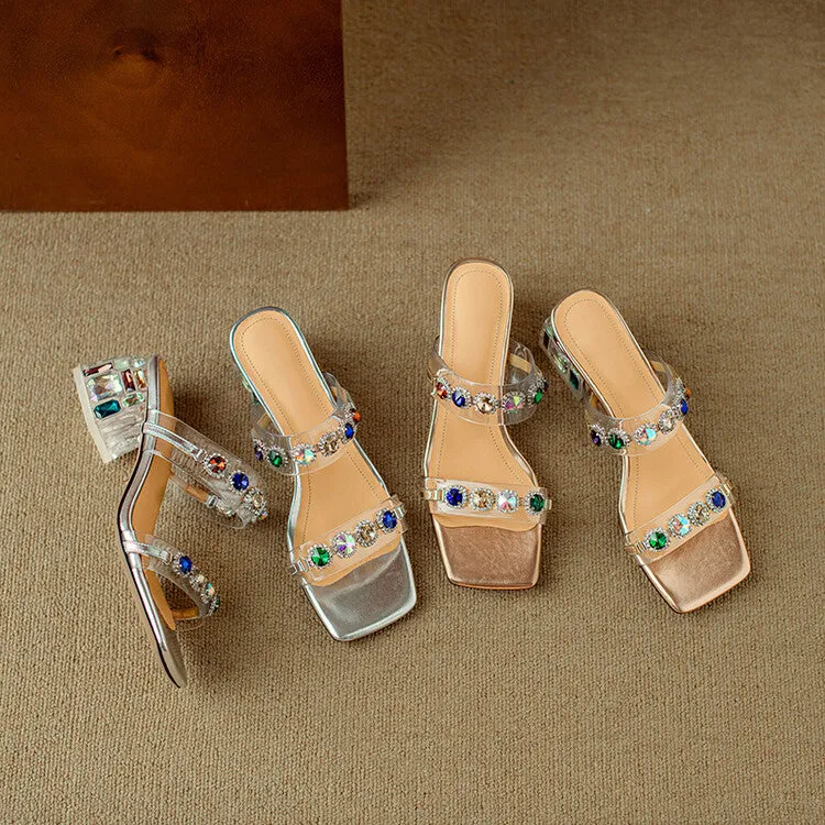 Ladies Block Heel Slide Sandals with Rhinestones Decoration
