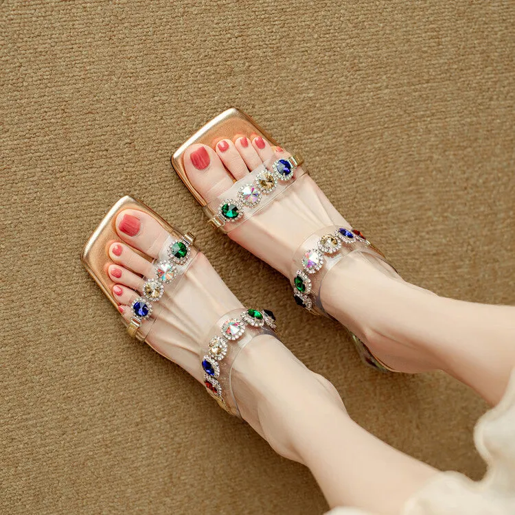 Ladies Block Heel Slide Sandals with Rhinestones Decoration