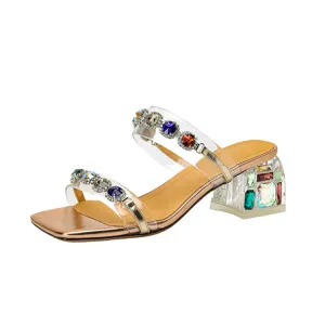 Ladies Block Heel Slide Sandals with Rhinestones Decoration