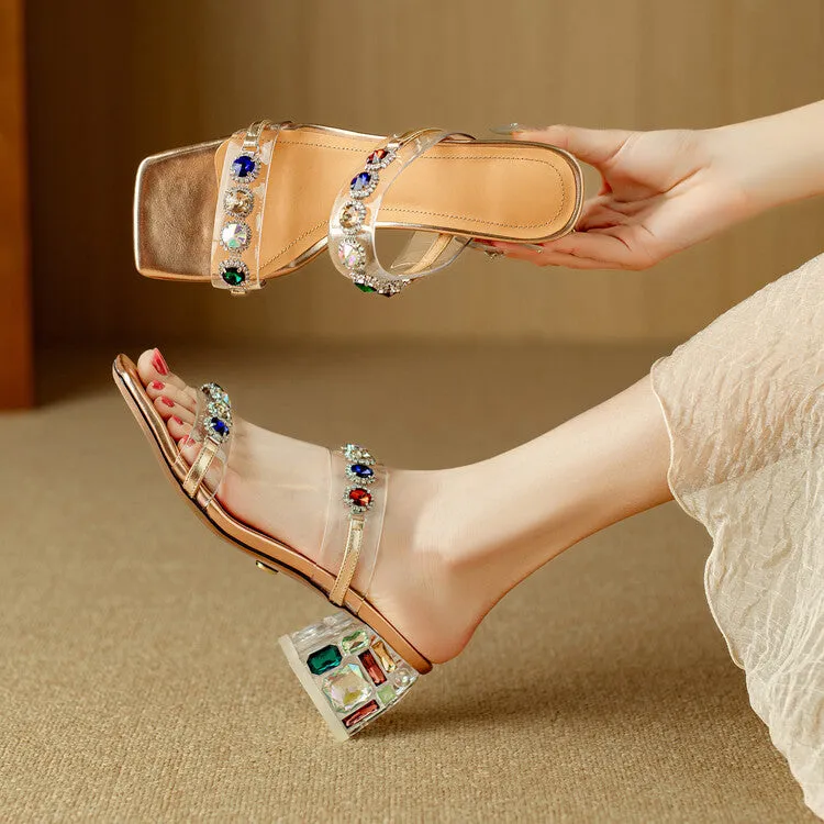 Ladies Block Heel Slide Sandals with Rhinestones Decoration