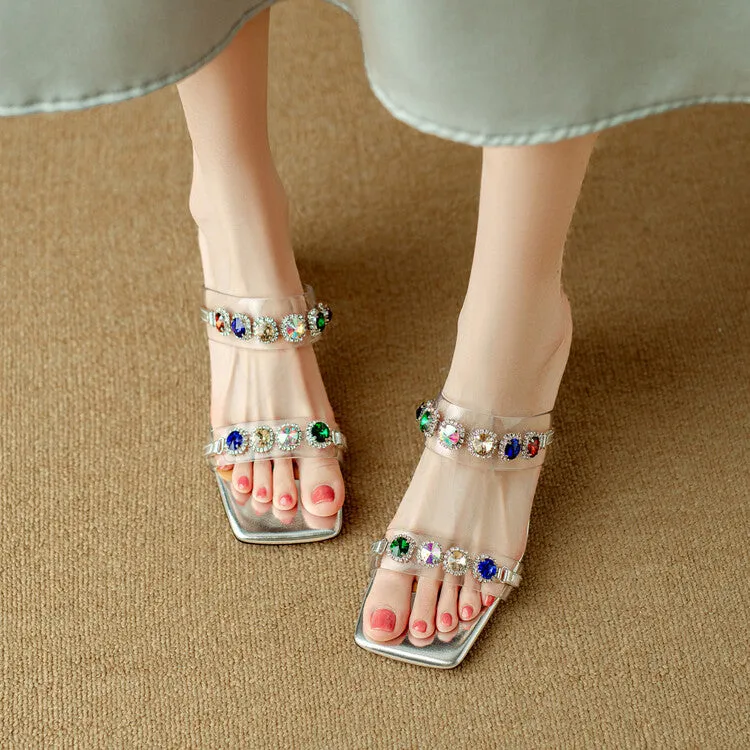 Ladies Block Heel Slide Sandals with Rhinestones Decoration