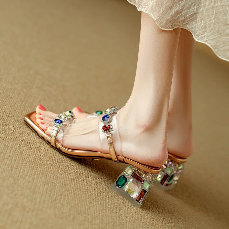 Ladies Block Heel Slide Sandals with Rhinestones Decoration