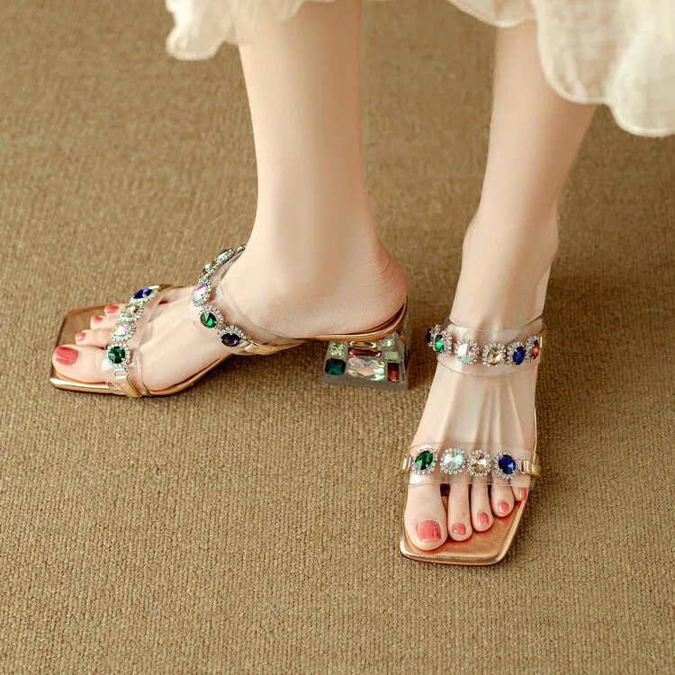 Ladies Block Heel Slide Sandals with Rhinestones Decoration