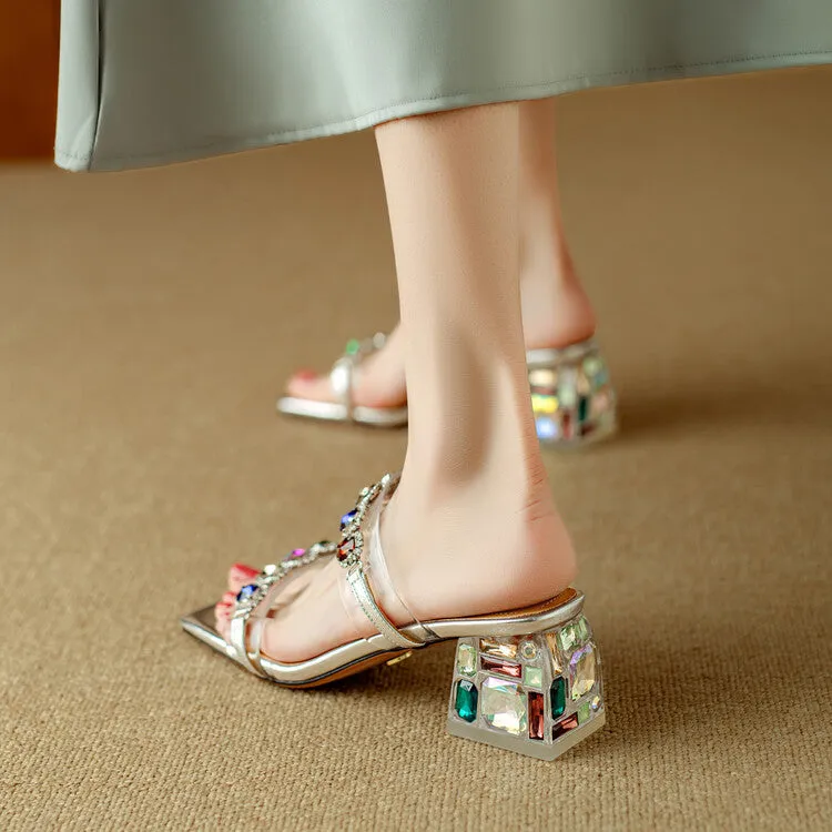 Ladies Block Heel Slide Sandals with Rhinestones Decoration