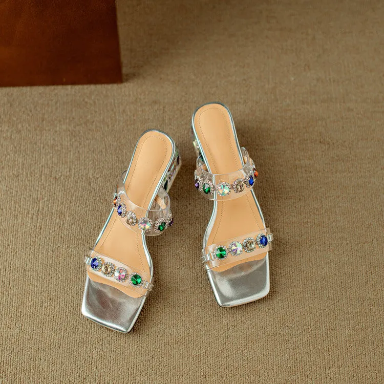 Ladies Block Heel Slide Sandals with Rhinestones Decoration