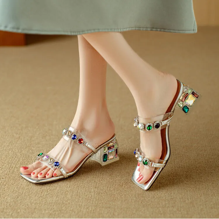 Ladies Block Heel Slide Sandals with Rhinestones Decoration