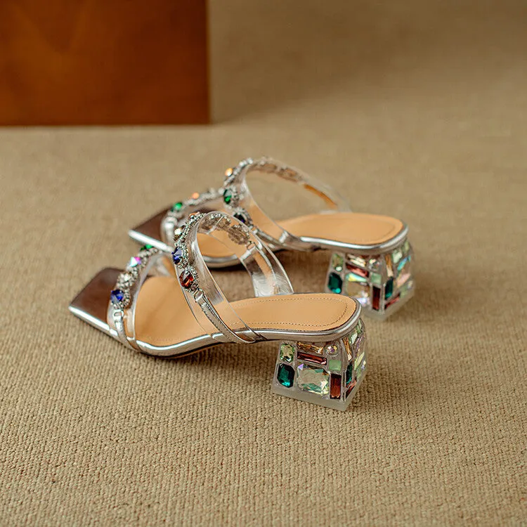 Ladies Block Heel Slide Sandals with Rhinestones Decoration