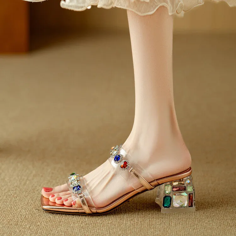 Ladies Block Heel Slide Sandals with Rhinestones Decoration