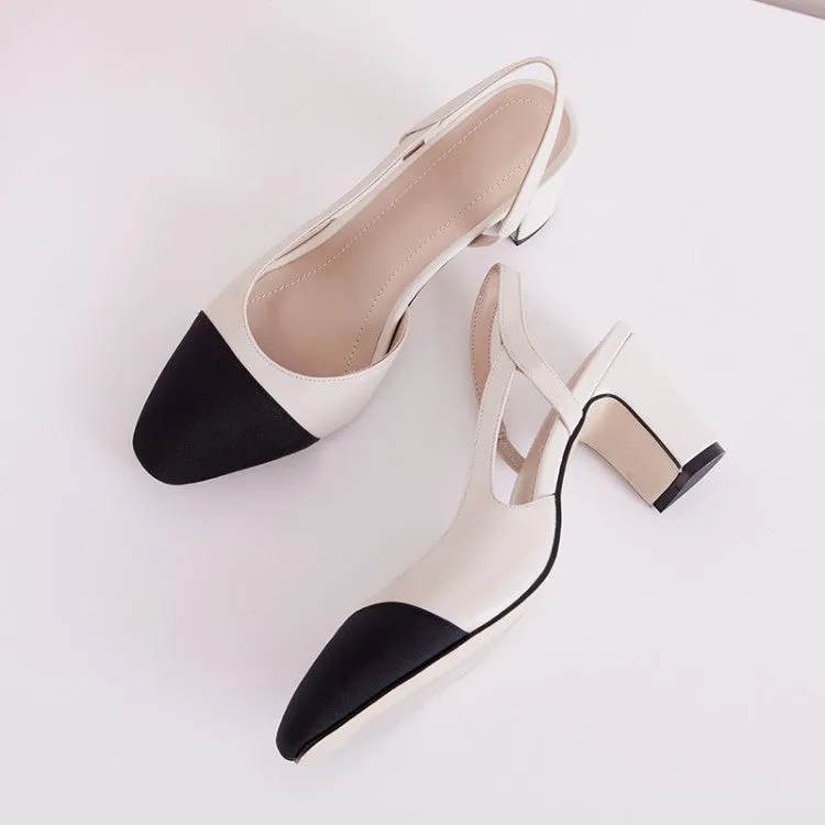 Ladies Cap Toe Leather Block Heel Slingback Pumps