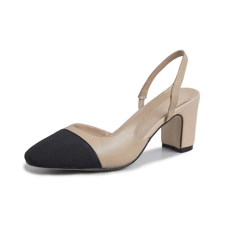Ladies Cap Toe Leather Block Heel Slingback Pumps