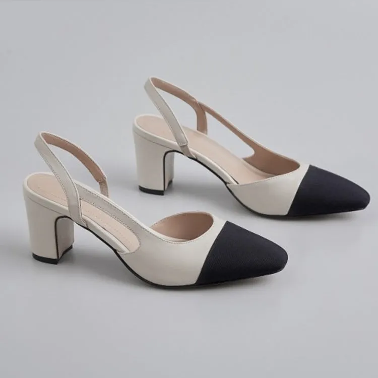 Ladies Cap Toe Leather Block Heel Slingback Pumps