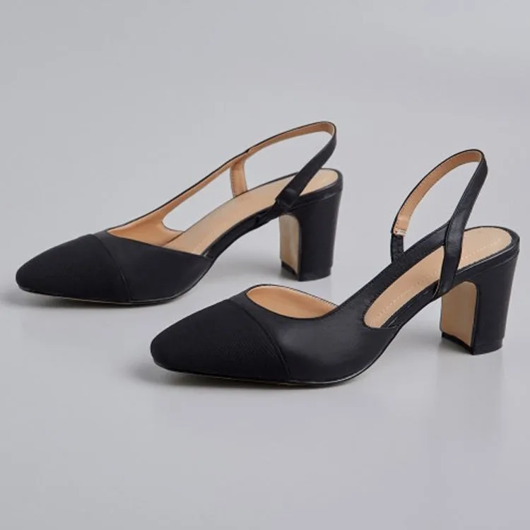 Ladies Cap Toe Leather Block Heel Slingback Pumps