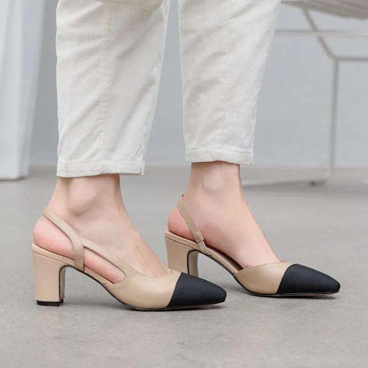 Ladies Cap Toe Leather Block Heel Slingback Pumps