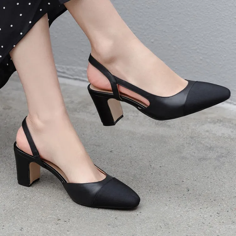Ladies Cap Toe Leather Block Heel Slingback Pumps