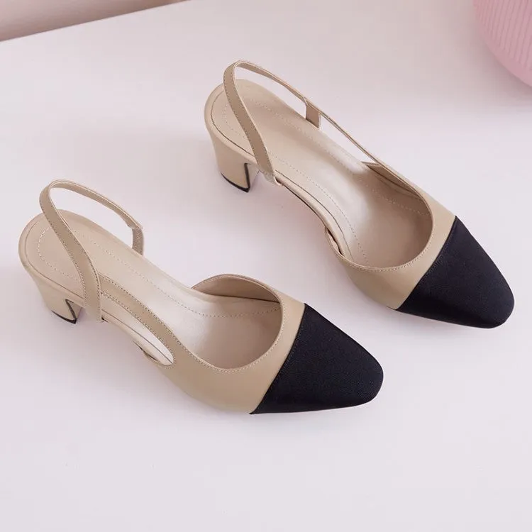 Ladies Cap Toe Leather Block Heel Slingback Pumps
