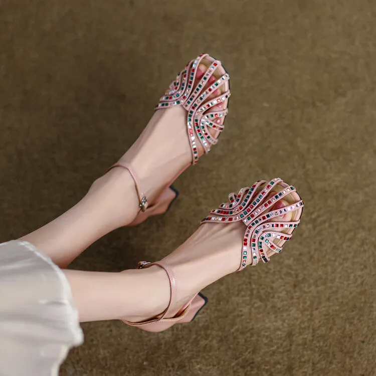 Ladies Closed Toe Rhinestone Detail Block Low Heel Gladiator Sandals
