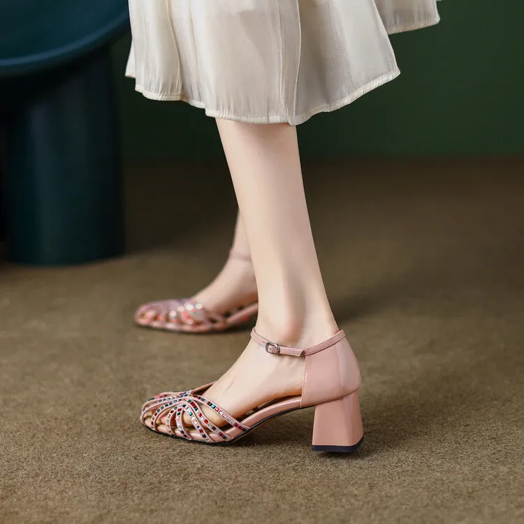 Ladies Closed Toe Rhinestone Detail Block Low Heel Gladiator Sandals