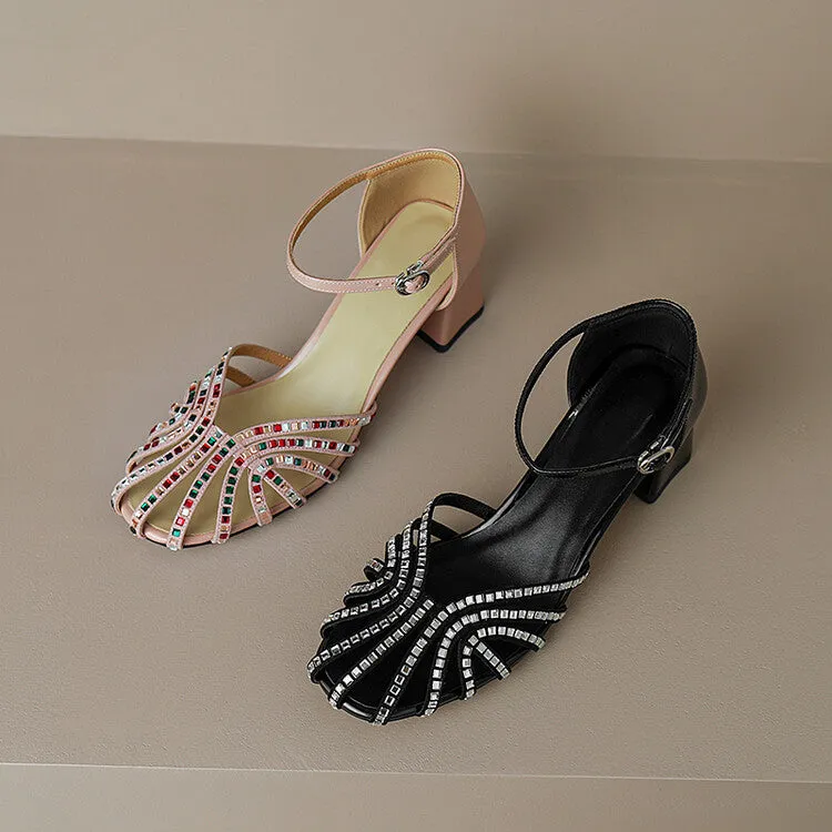 Ladies Closed Toe Rhinestone Detail Block Low Heel Gladiator Sandals