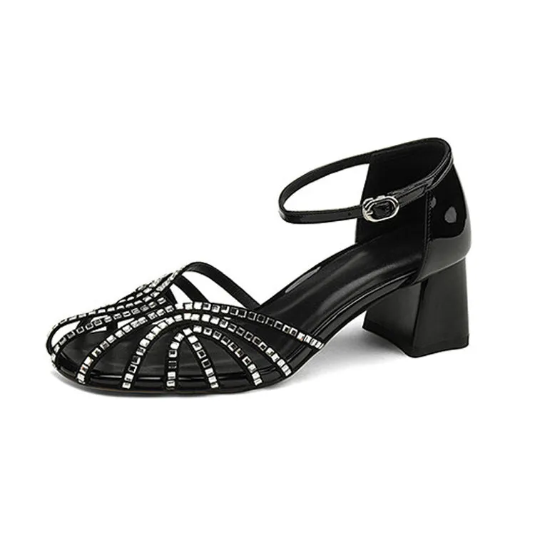 Ladies Closed Toe Rhinestone Detail Block Low Heel Gladiator Sandals