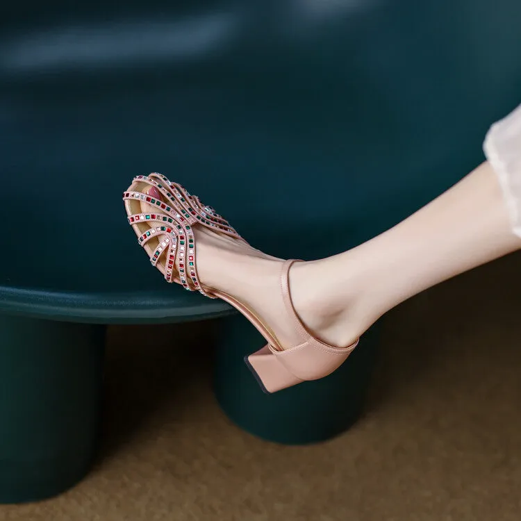 Ladies Closed Toe Rhinestone Detail Block Low Heel Gladiator Sandals