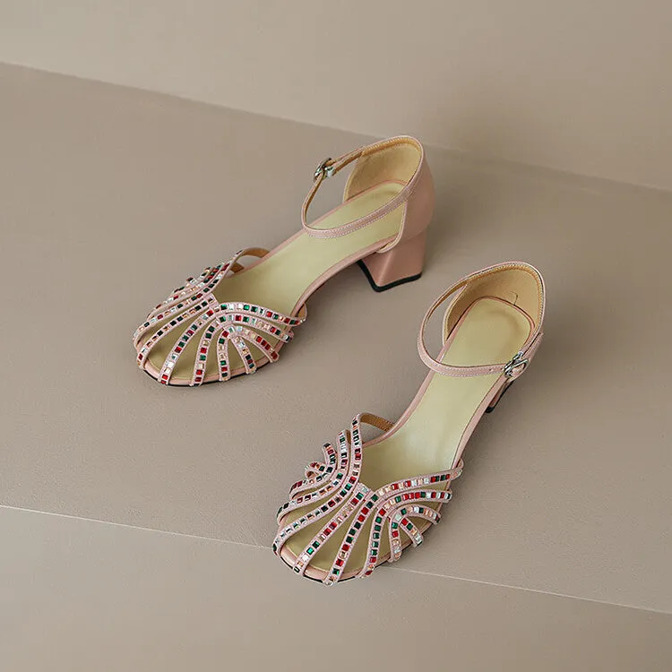 Ladies Closed Toe Rhinestone Detail Block Low Heel Gladiator Sandals