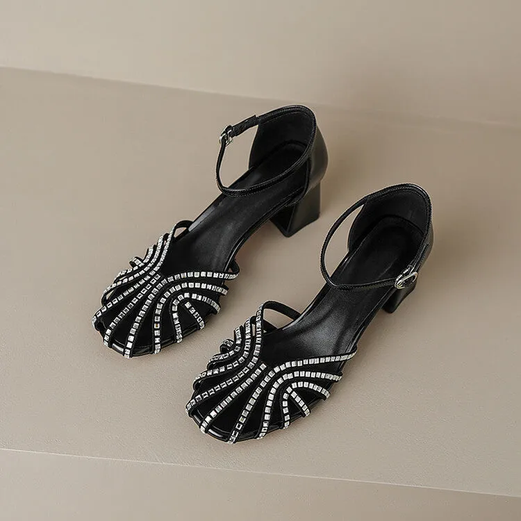 Ladies Closed Toe Rhinestone Detail Block Low Heel Gladiator Sandals