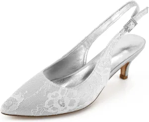 Ladies Ivory Lace Mesh Bridal Wedding Shoes Comfortable Mid Heel Ankle Strap Potty Toe Pumps 2.36 "Kitten Heel Evening Shoes,Silver,4