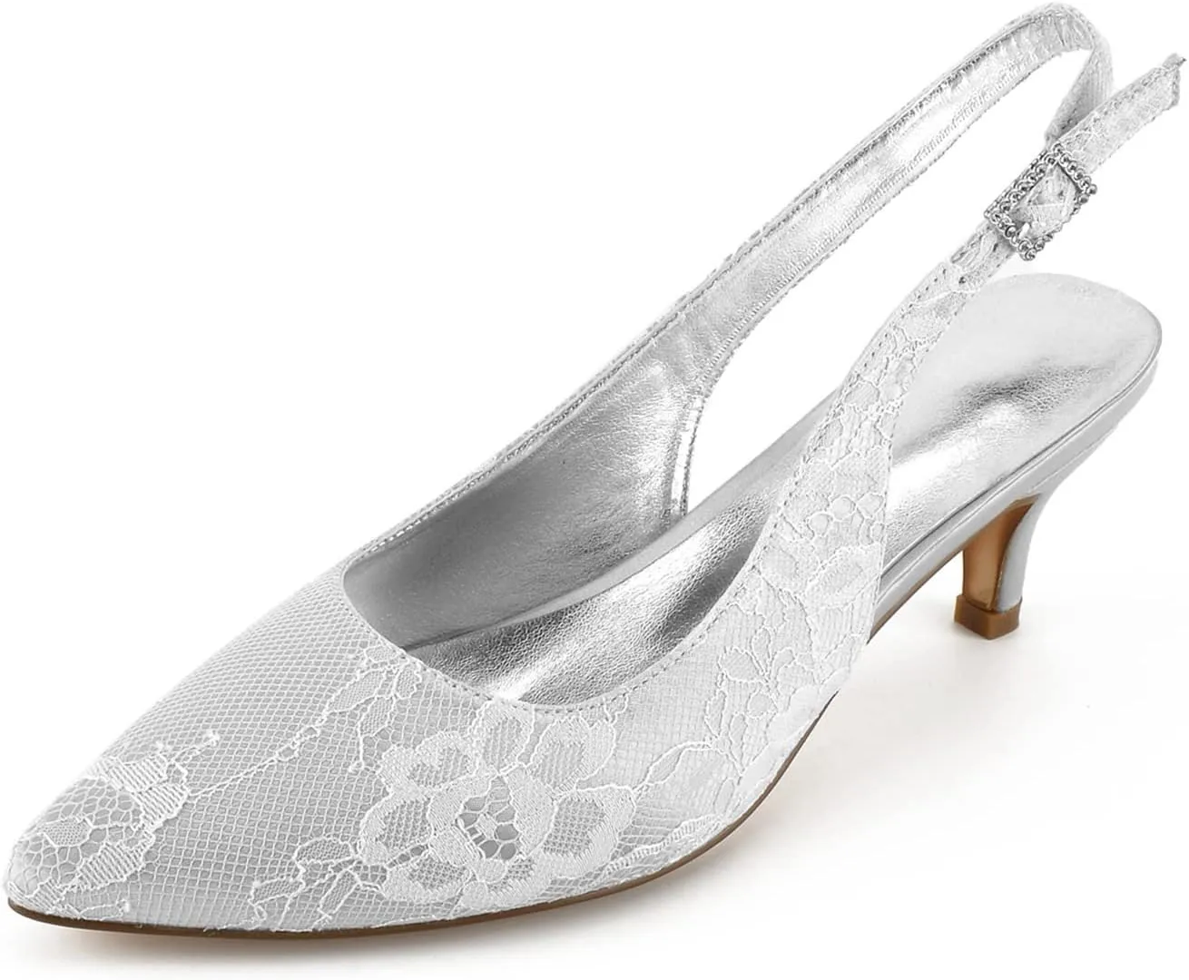 Ladies Ivory Lace Mesh Bridal Wedding Shoes Comfortable Mid Heel Ankle Strap Potty Toe Pumps 2.36 "Kitten Heel Evening Shoes,Silver,4