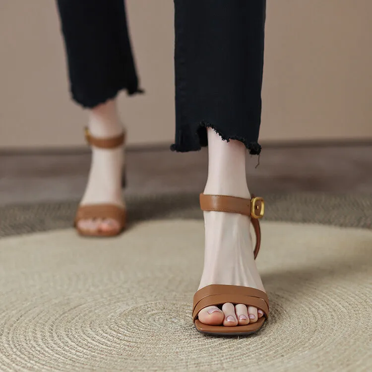 Ladies Leather Ankle Strap Block Heel Sandals