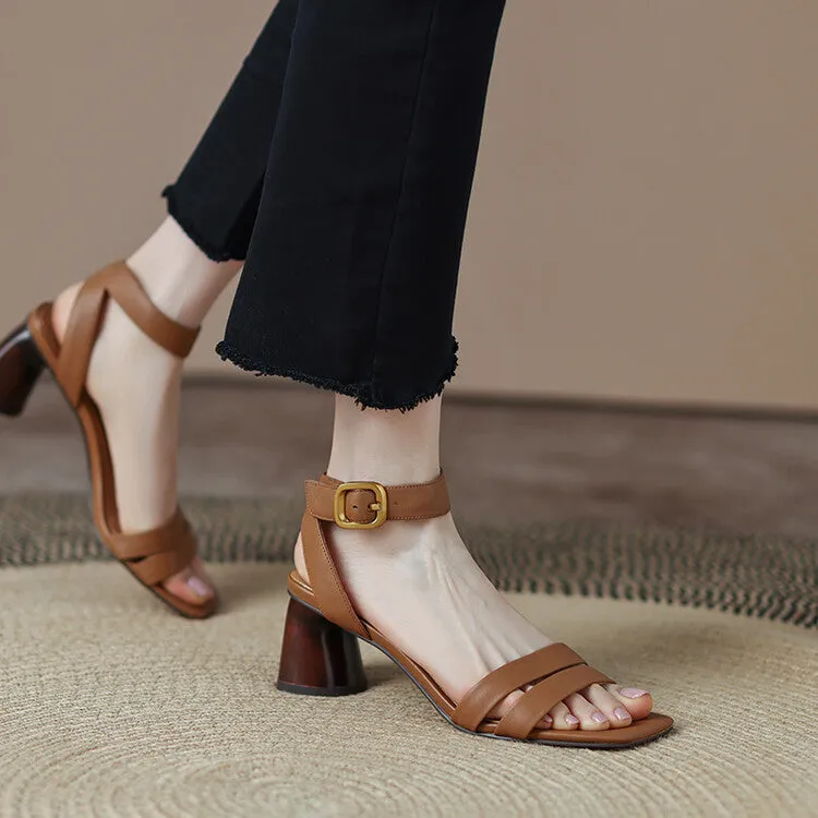 Ladies Leather Ankle Strap Block Heel Sandals
